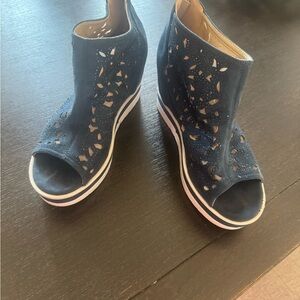 Navy Cutout Peep-Toe Wedge Sneakers